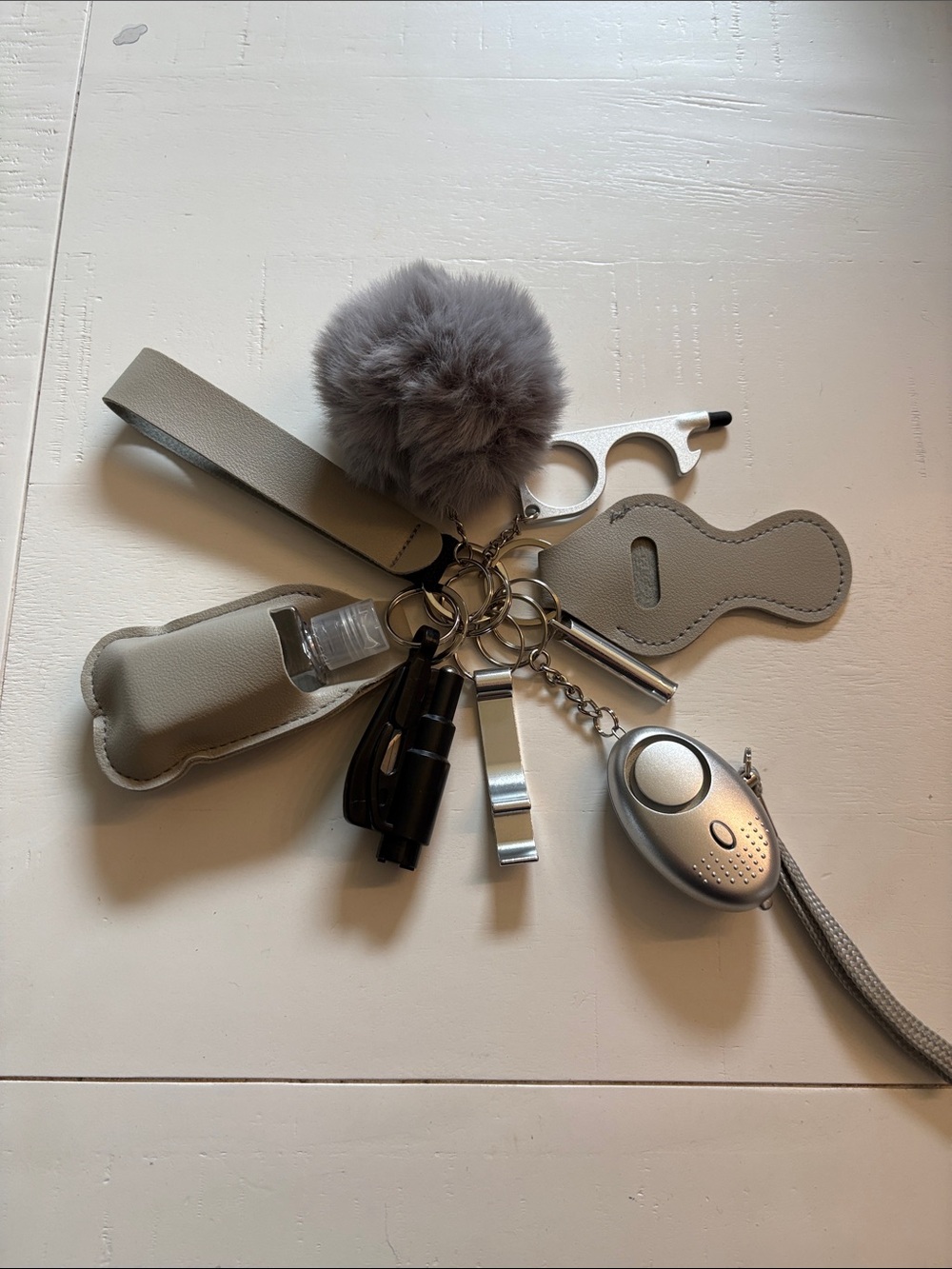 Grey Pom Pom Keychain Safety Alarm & Accessory Set